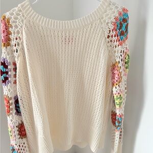 Pink Lily Cream Sweater with Multicolor Crochet Sleeves